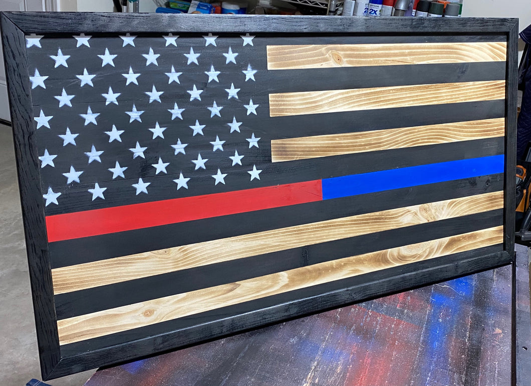 Picture Framed Rustic Thin Red/Blue Line